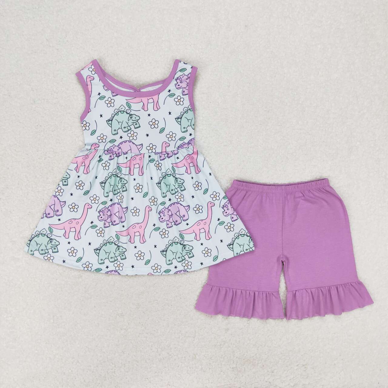 GSSO0533 Cute Flowers Dino Top Purple Shorts Girls Summer Clothes Set