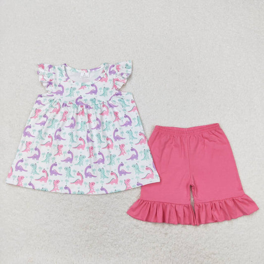 GSSO0787  Dino Top Pink Shorts Girls Summer Clothes Set