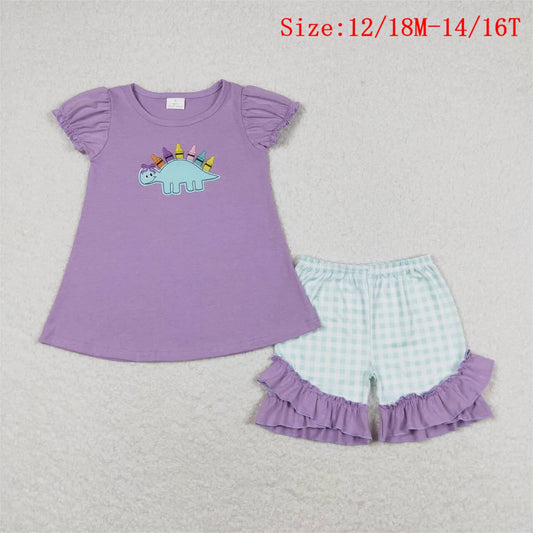 GSSO1032  Dino Pen Embroidery Top Plaid Shorts Girls Back to School Clothes Set