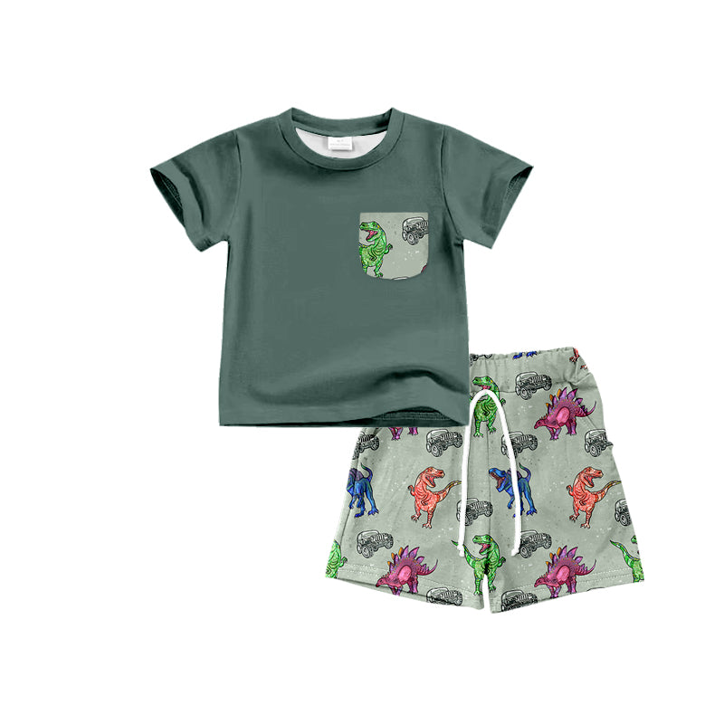 (Custom Design Preorder MOQ 5) Dino Print Boys Summer Clothes Set