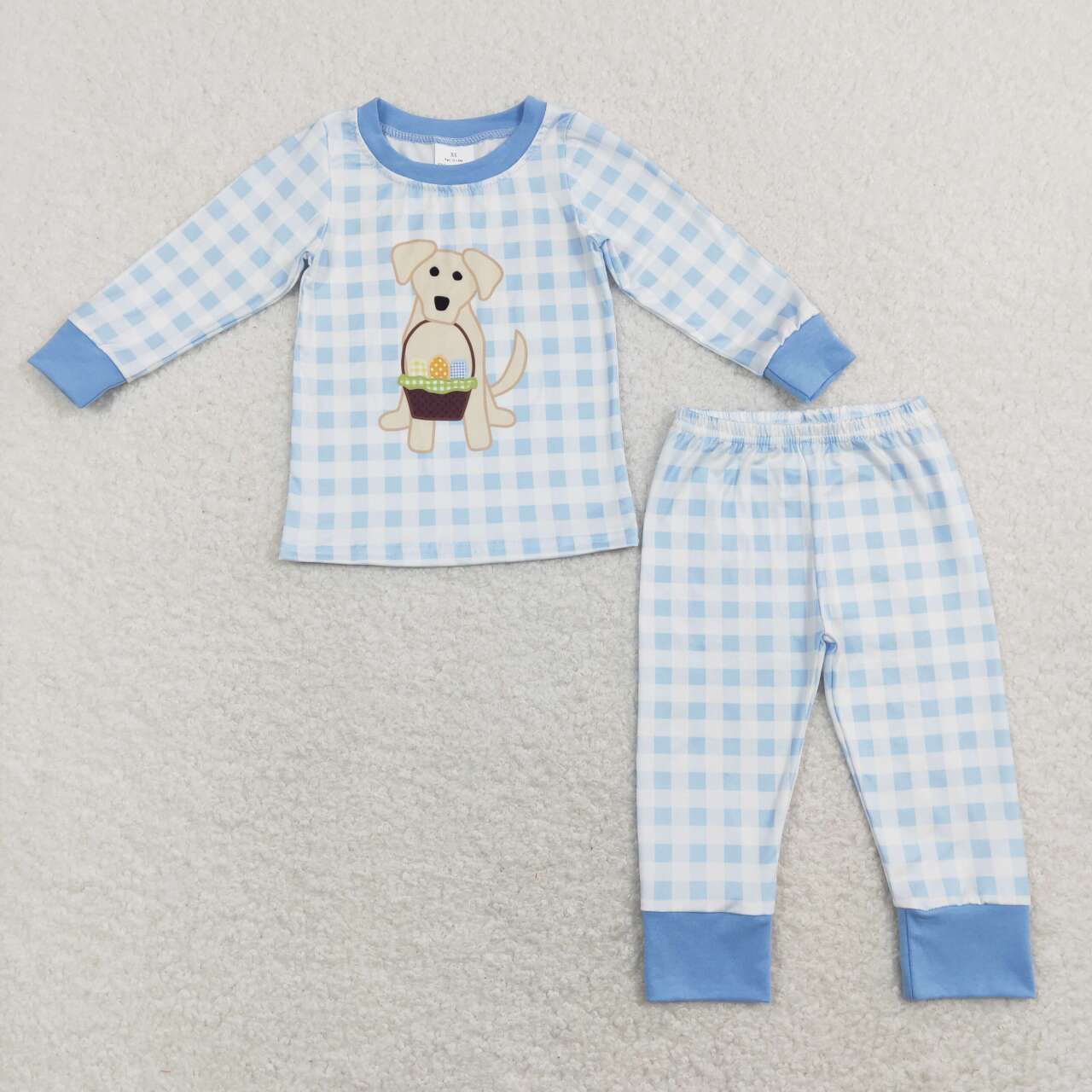 BLP0432 Blue Plaid Dog Egg Print Boys Easter Pajamas Clothes Set