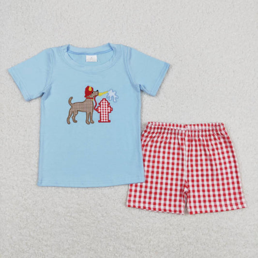 BSSO0377 Fire Fighting Dog Embroidery Blue Top Red Plaid Shorts Boys Summer Clothes Set