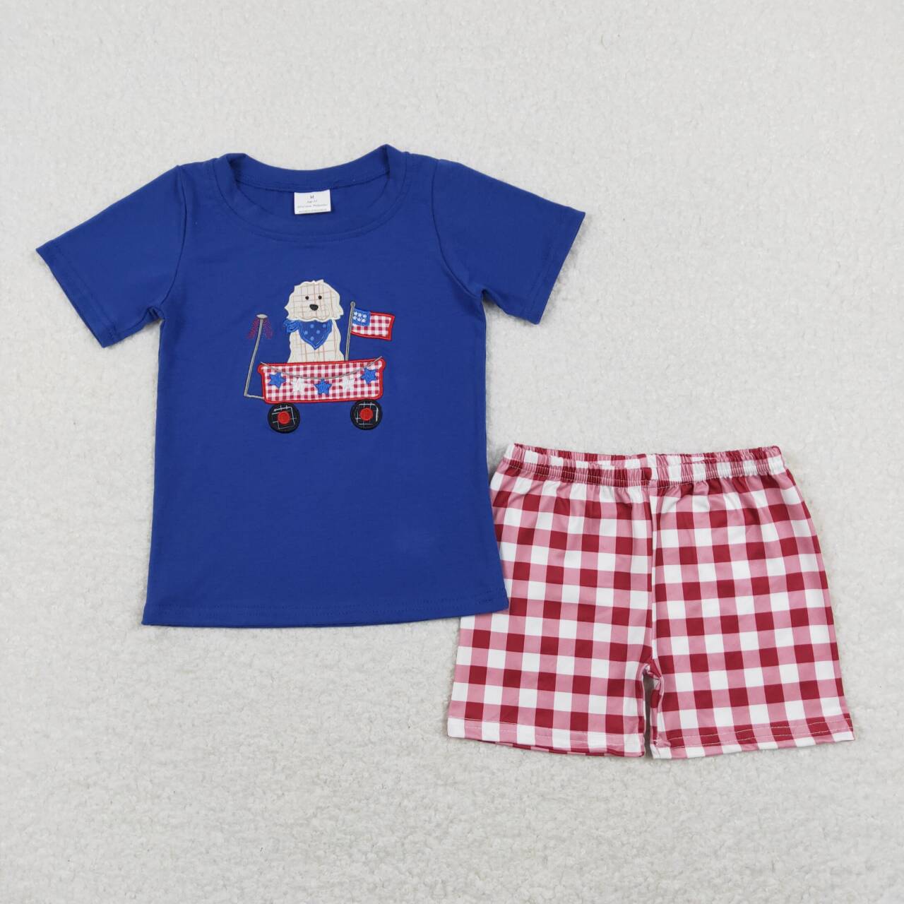 BSSO0423 Dog Truck Flag Embroidery Blue Top Plaid Shorts Boys 4th of July Clothes Set