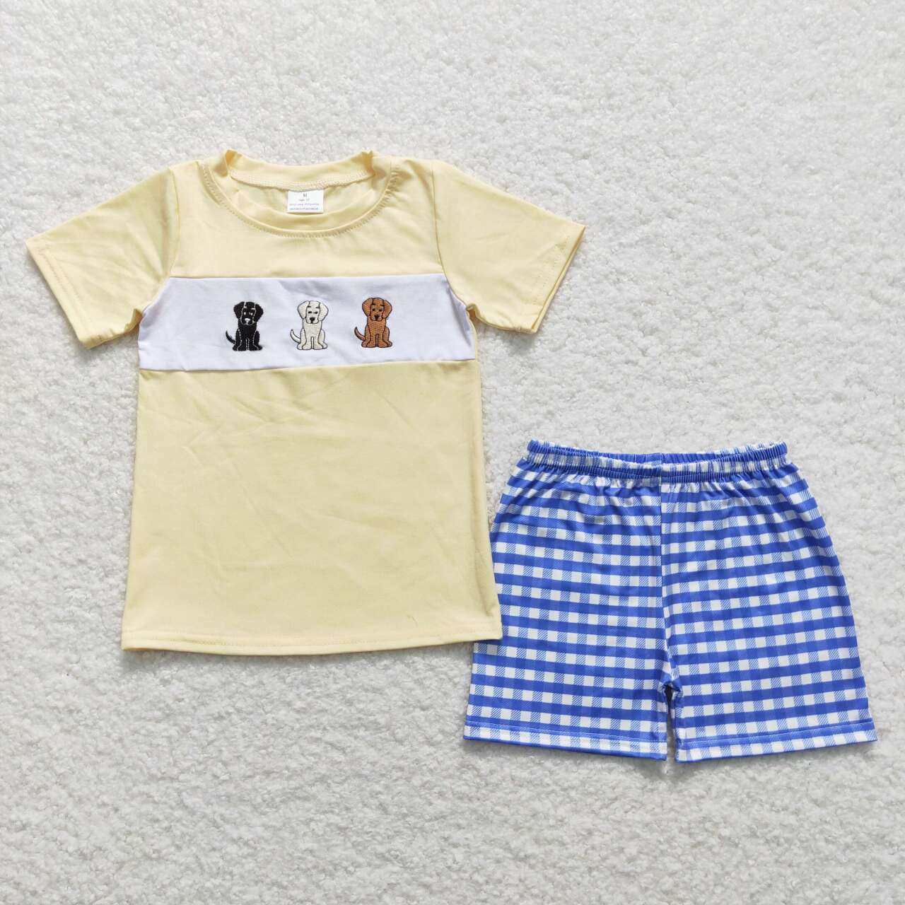 BSSO0598 Dog Embroidery Top Blue Plaid Shorts Boys Summer Clothes Set