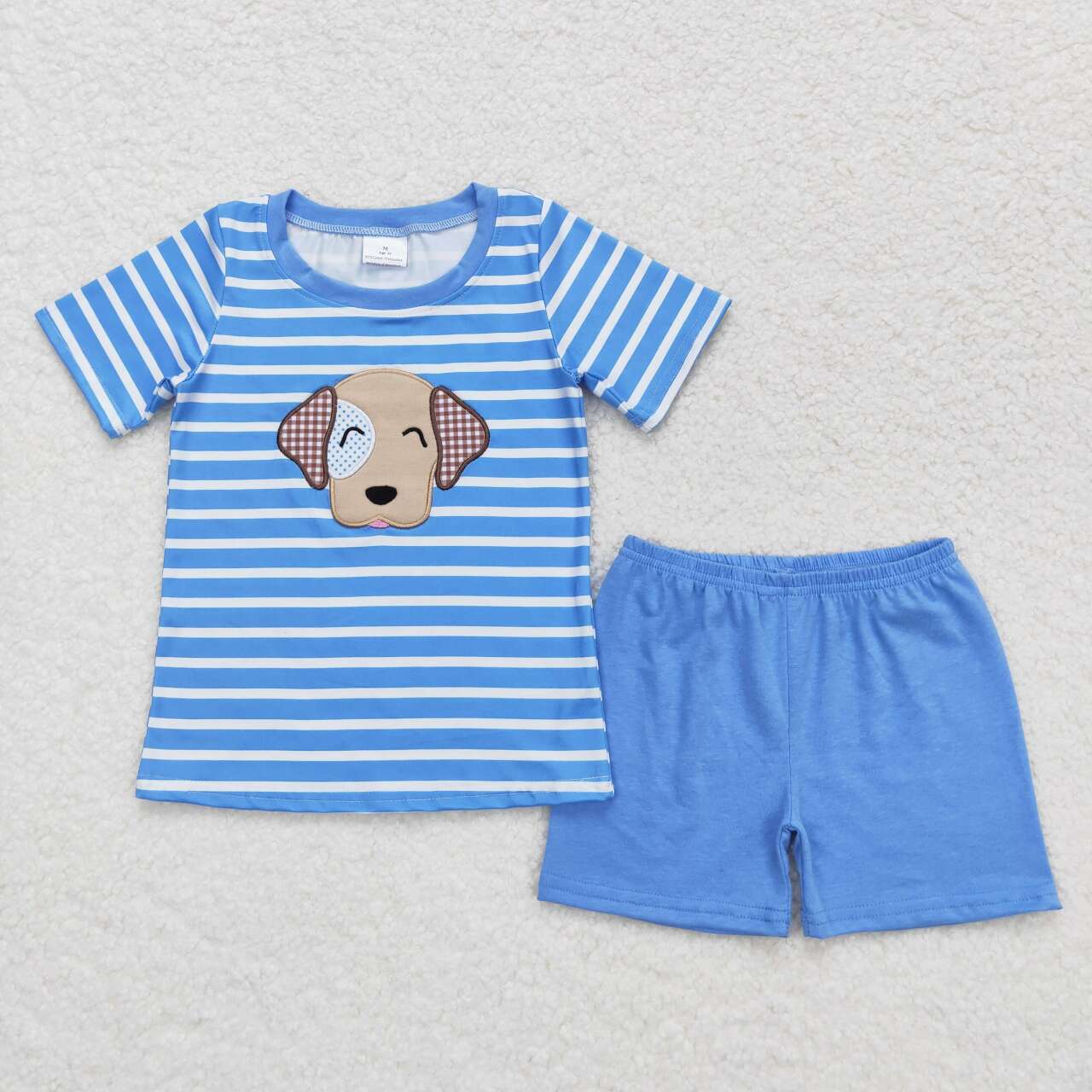 BSSO0746  Dog Embroidery Stripes Top Blue Shorts Boys Summer Clothes Set