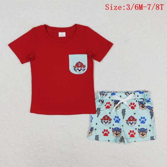 BSSO0794 Red Pockets Top Cartoon Dog Paw Shorts Boys Summer Clothes Set