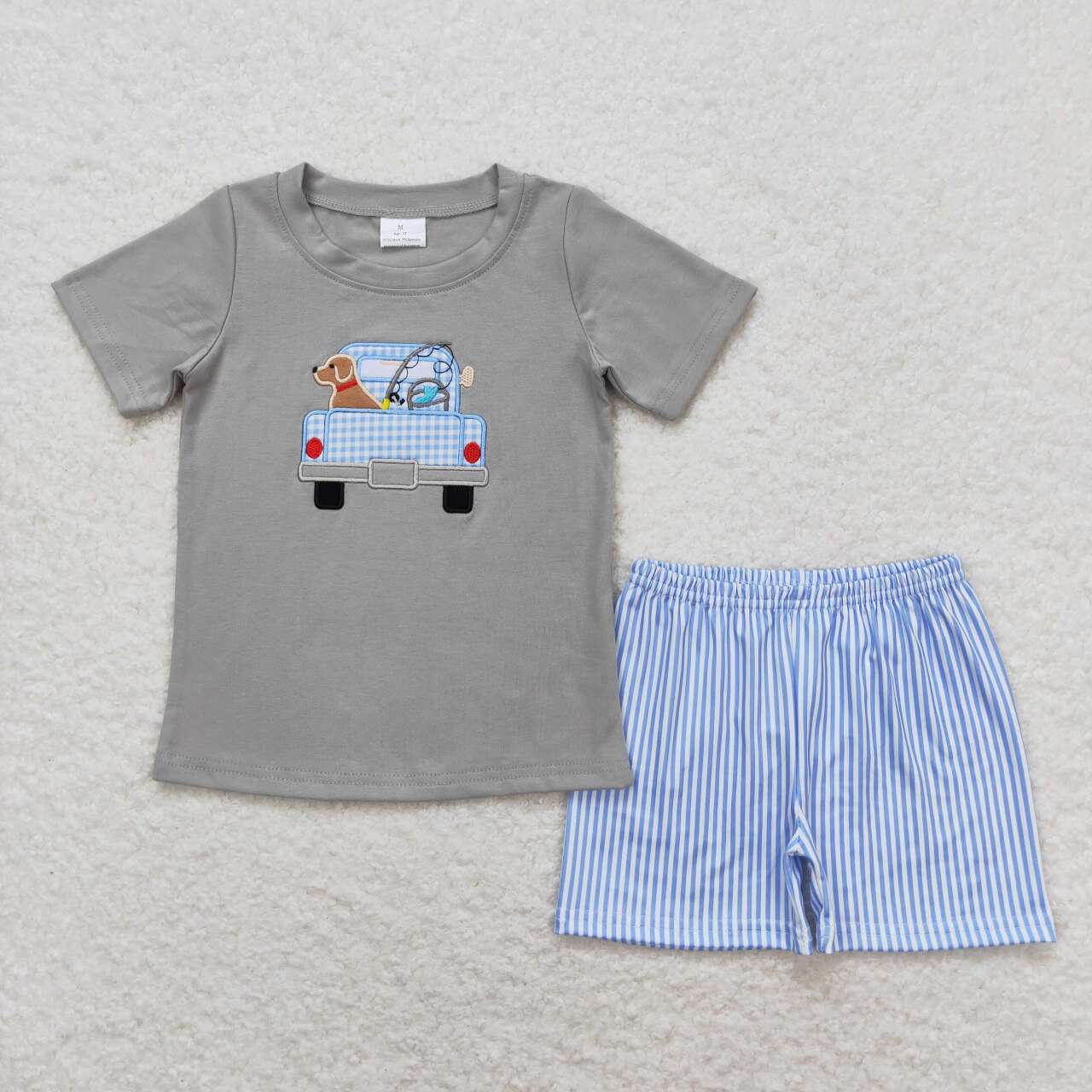 BSSO0664  Dog Truck Embroidery Top Blue Stripes Shorts Boys Summer Hunting Clothes Set