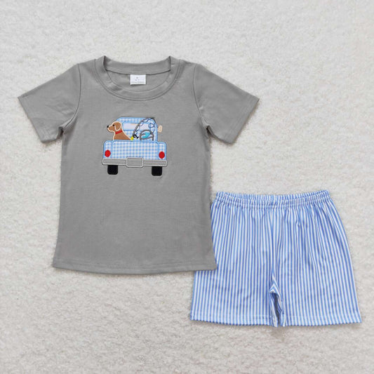 BSSO0664  Dog Truck Embroidery Top Blue Stripes Shorts Boys Summer Hunting Clothes Set