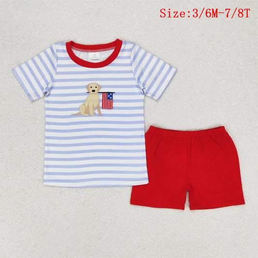 BSSO0619 Dog Flag Embroidery Stripes Top Red Shorts Boys 4th of July Clothes Set