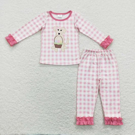 GLP1036 Pink Plaid Dog Egg Print Girls Easter Pajamas Clothes Set