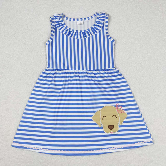 GSD0934 Dog Embroidery Blue Stripes Print Girls Summer Knee Length Dress