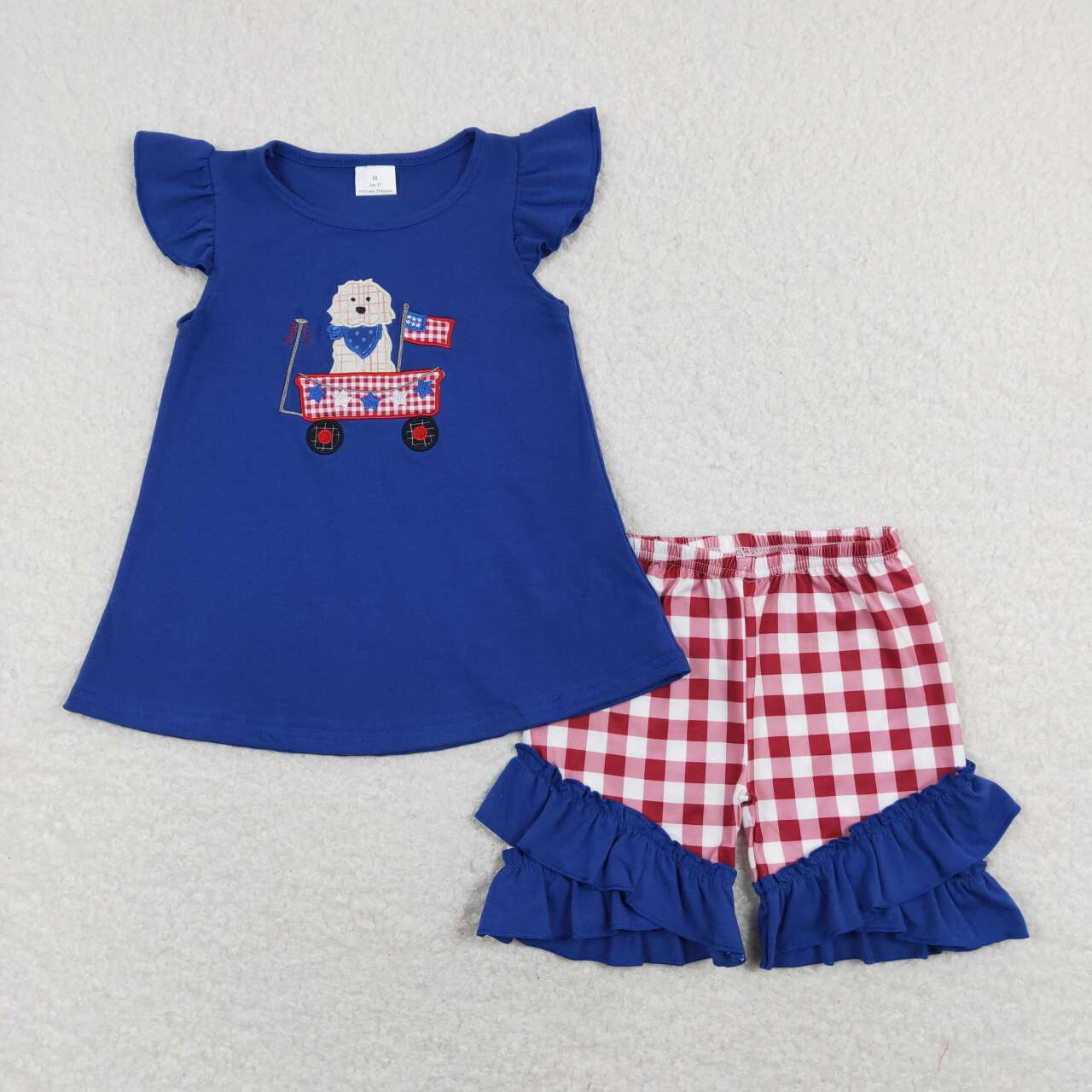 GSSO0460 Dog Truck Flag Embroidery Blue Top Plaid Shorts Girls 4th of July Clothes Set