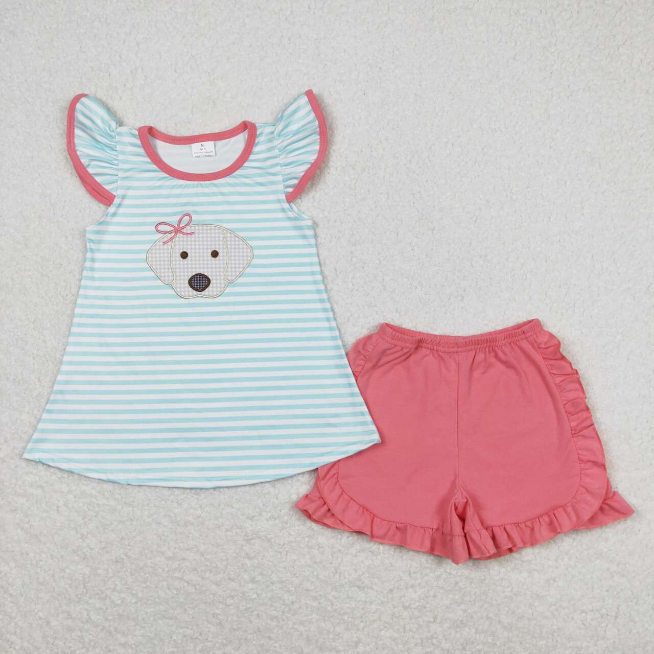 GSSO0555 Dog Embroidery Blue Stripes Top Ruffles Shorts Girls Summer Clothes Set