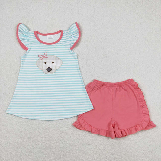 GSSO0555 Dog Embroidery Blue Stripes Top Ruffles Shorts Girls Summer Clothes Set