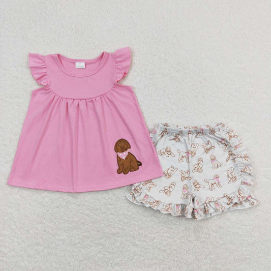 GSSO0581 Dog Embroidery Pink Tunic Top Ruffle Shorts Girls Summer Clothes Set