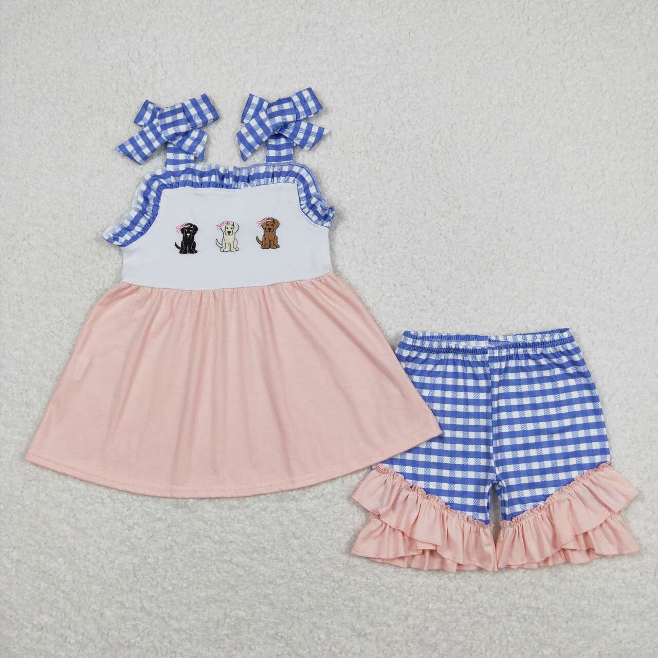 Dog Embroidery Blue Plaid Print Sibling Summer Matching Clothes