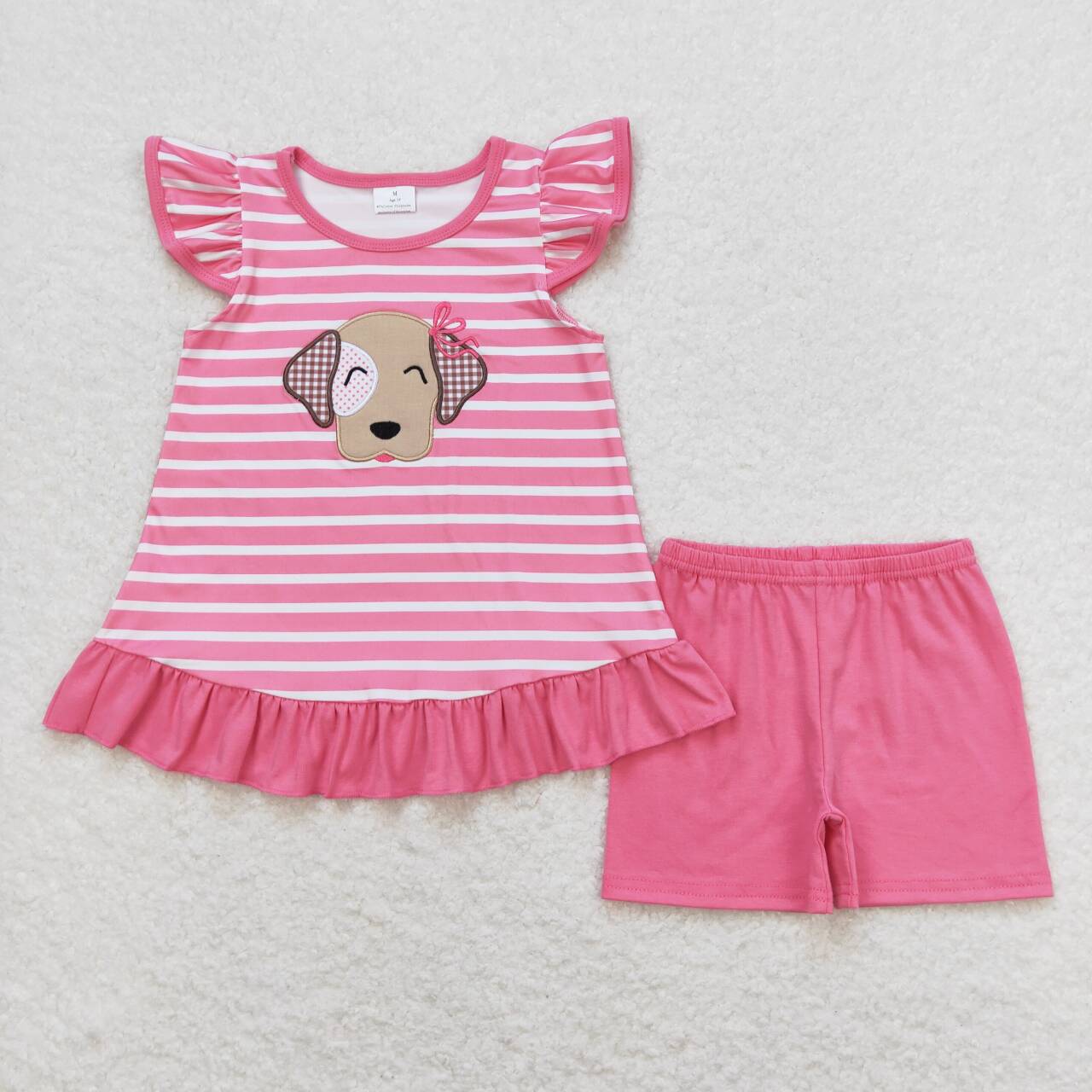 GSSO0874  Dog Embroidery Stripes Top Pink Shorts Girls Summer Clothes Set