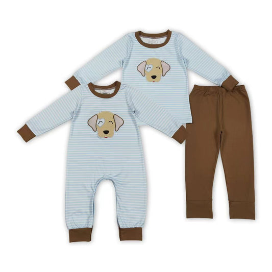 Dog Heart Embroidery Stripes Boys Valentine's Day Matching Clothes Brothers Wear