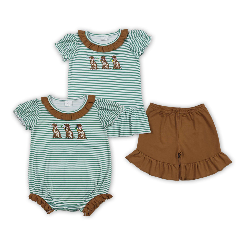 Dog Hunting Embroidery Green Stripes Girls Summer Matching Clothes Sisters Wear