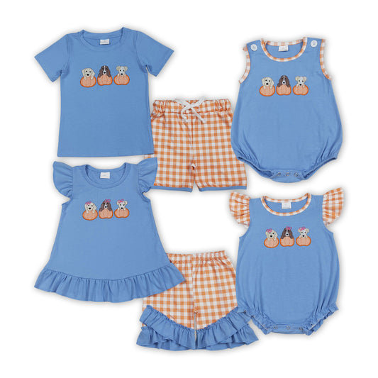 Dog Pumpkin Embroidery Blue Kids Fall Matching Clothes Sibling Wear