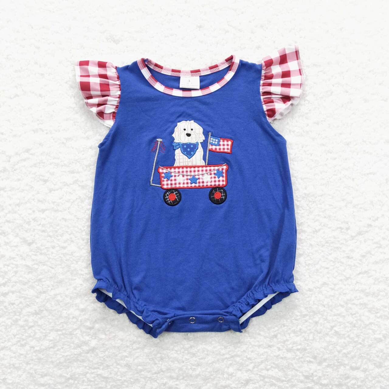 SR0748  Dog Truck Flag Embroidery Blue Baby Girls 4th of July Romper