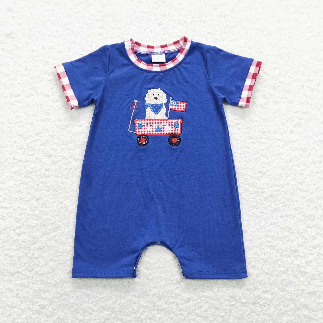 SR0749  Dog Truck Flag Embroidery Blue Baby Boys 4th of July Romper