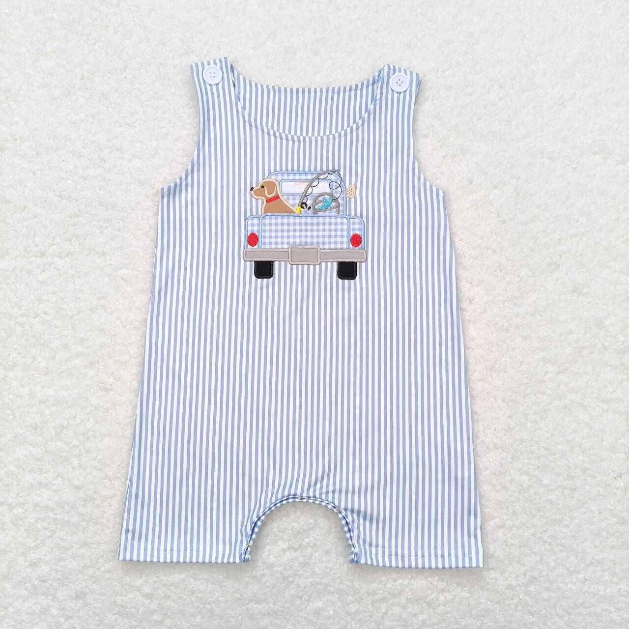 SR1170 Dog Truck Embroidery Blue Stripes Print Baby Boys Summer Romper