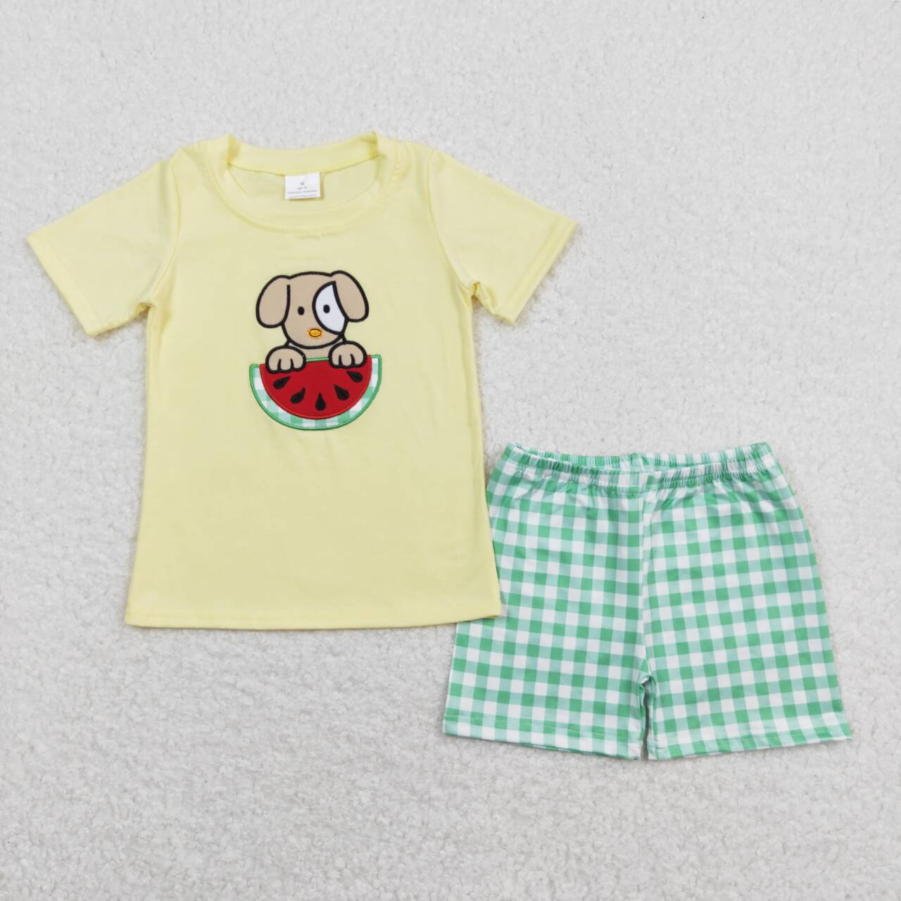 BSSO0446 Dog Watermelon Embroidery Yellow Top Plaid Shorts Boys Summer Clothes Set