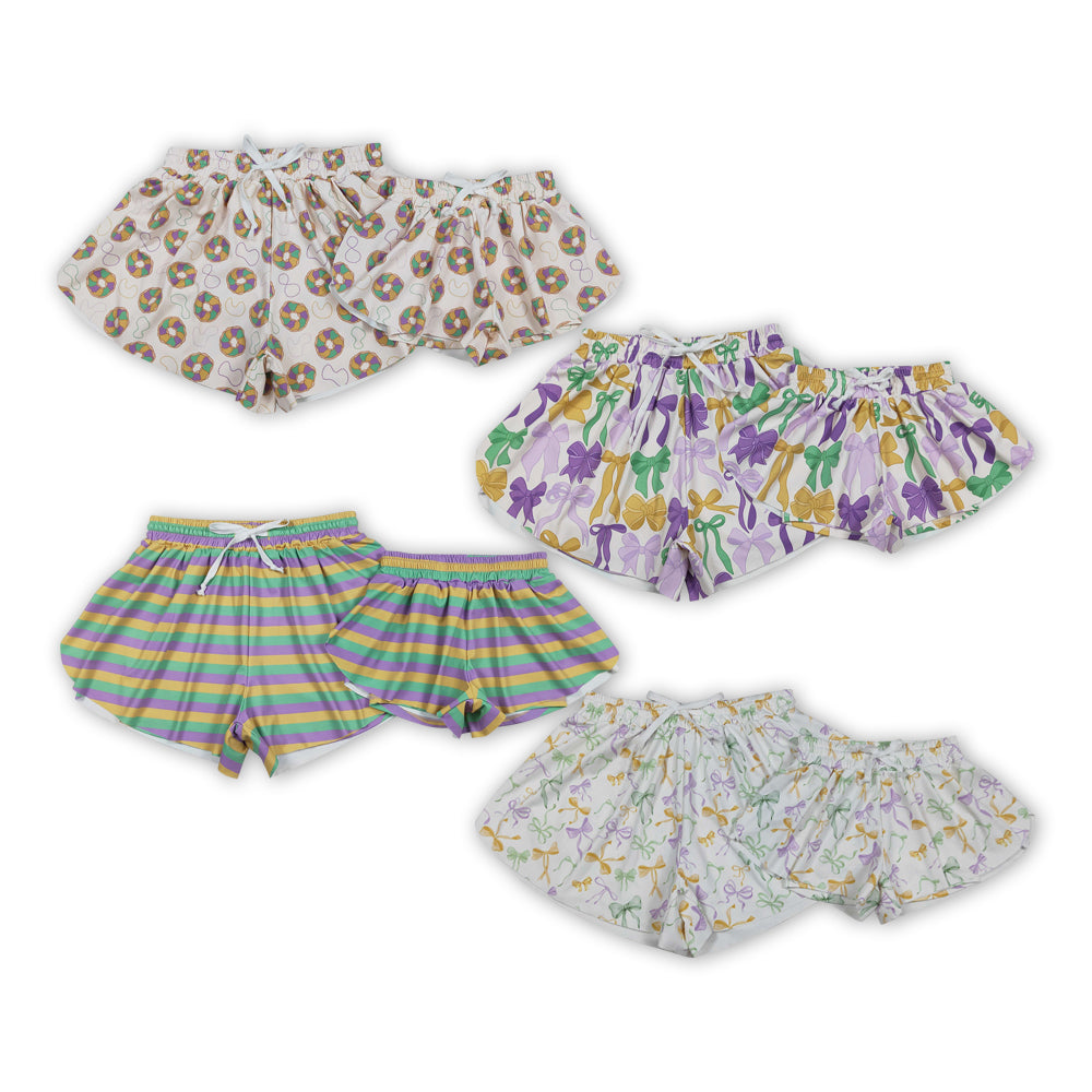 Donut Bows Stripes Print Mom and Me Mardi Gras Bottom Yoga Flutter Shorts