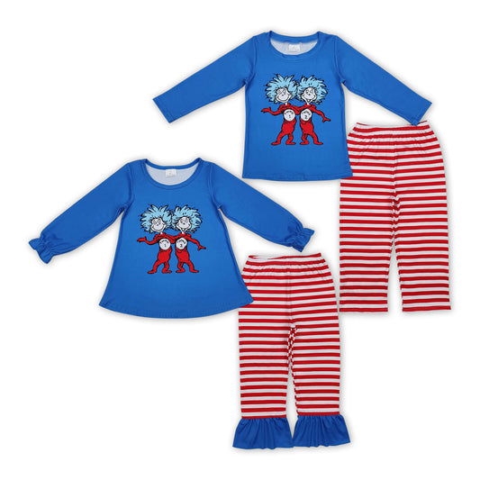 Dr.Reading Blue Top Red Stripes Print Kids Clothes Set Sibling Wear