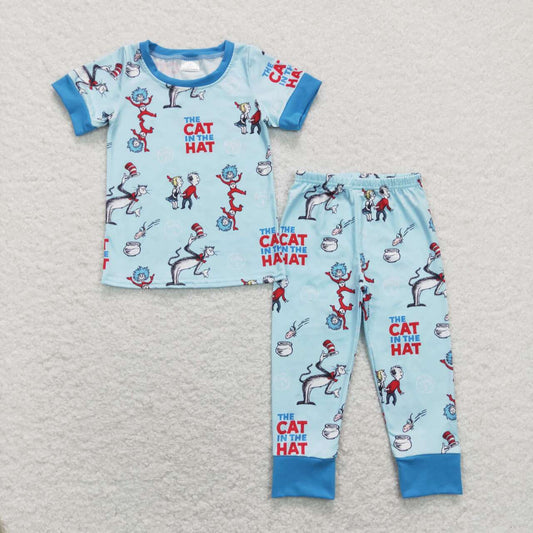 BSPO0185 Blue Cartoon Cat Dr. Reading Print Boys Pajamas Clothes Set