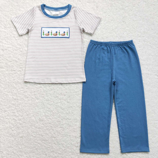 BSPO0305 Duck Embroidery Stripes Top Blue Pants Boys Clothes Set