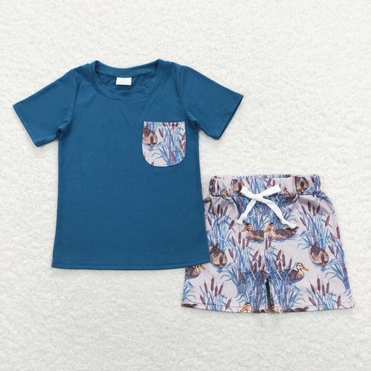 BSSO0452 Dark Blue Pocket Top Duck Shorts Boys Summer Clothes Set