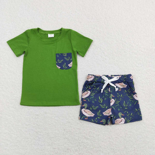 BSSO0480  Green Pocket Top Duck Shorts Boys Summer Clothes Set