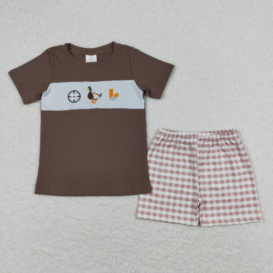 BSSO0573 Duck Embroidery Brown Top Plaid Shorts Boys Summer Clothes Set