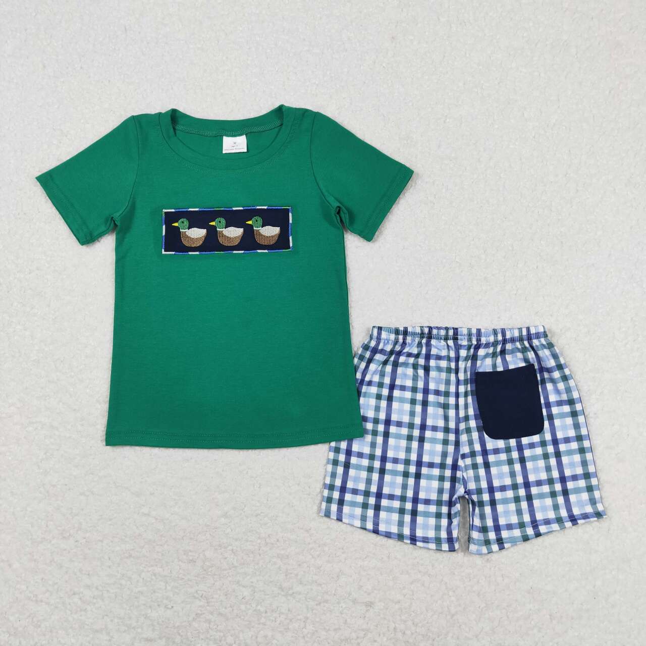 BSSO0589 Duck Embroidery Green Top Plaid Shorts Boys Summer Clothes Set