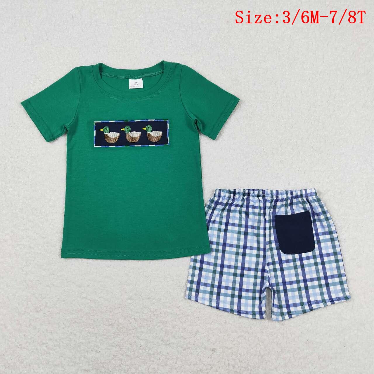 BSSO0589 Duck Embroidery Green Top Plaid Shorts Boys Summer Clothes Set