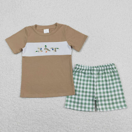 BSSO0608 Duck Embroidery Top Plaid Shorts Boys Summer Clothes Set