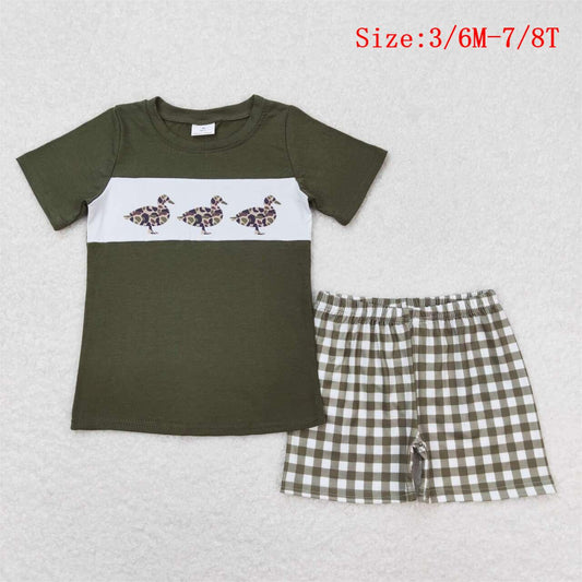 BSSO0663  Green Camo Duck Top Plaid Shorts Boys Summer Clothes Set