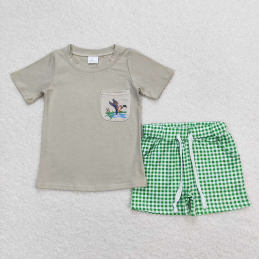BSSO0734  Duck Print Pocket Top Green Plaid Shorts Boys Summer Clothes Set