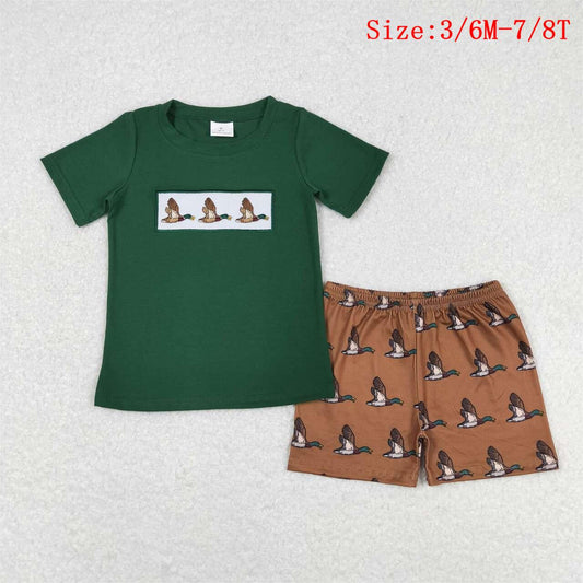 BSSO0735  Duck Embroidery Green Top Brown Shorts Boys Summer Clothes Set