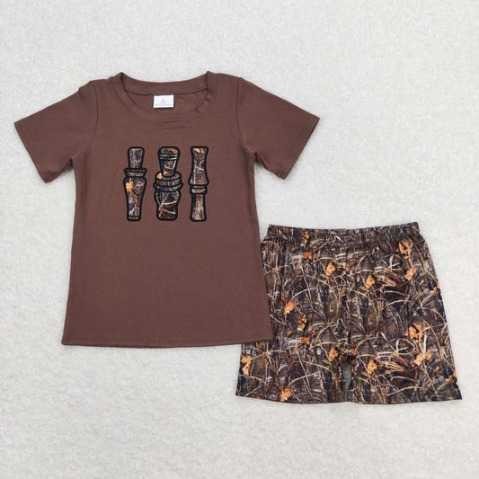 BSSO0780  Duck Call Embroidery Brown Top Branch Camo Shorts Boys Summer Clothes Set