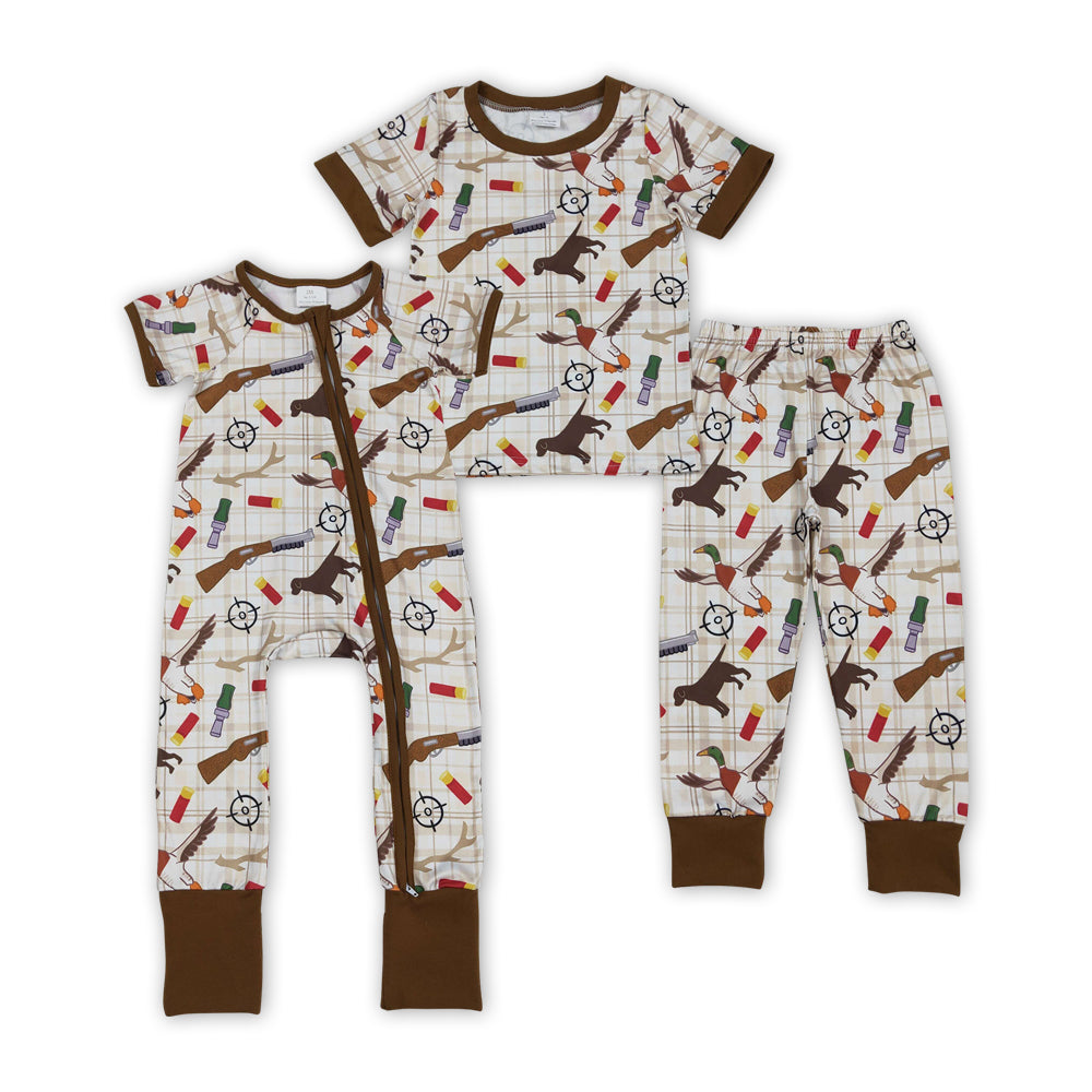 Duck Call Dog Hunting Plaid Print Boys Pajamas Clothes Brothers Matching Wear