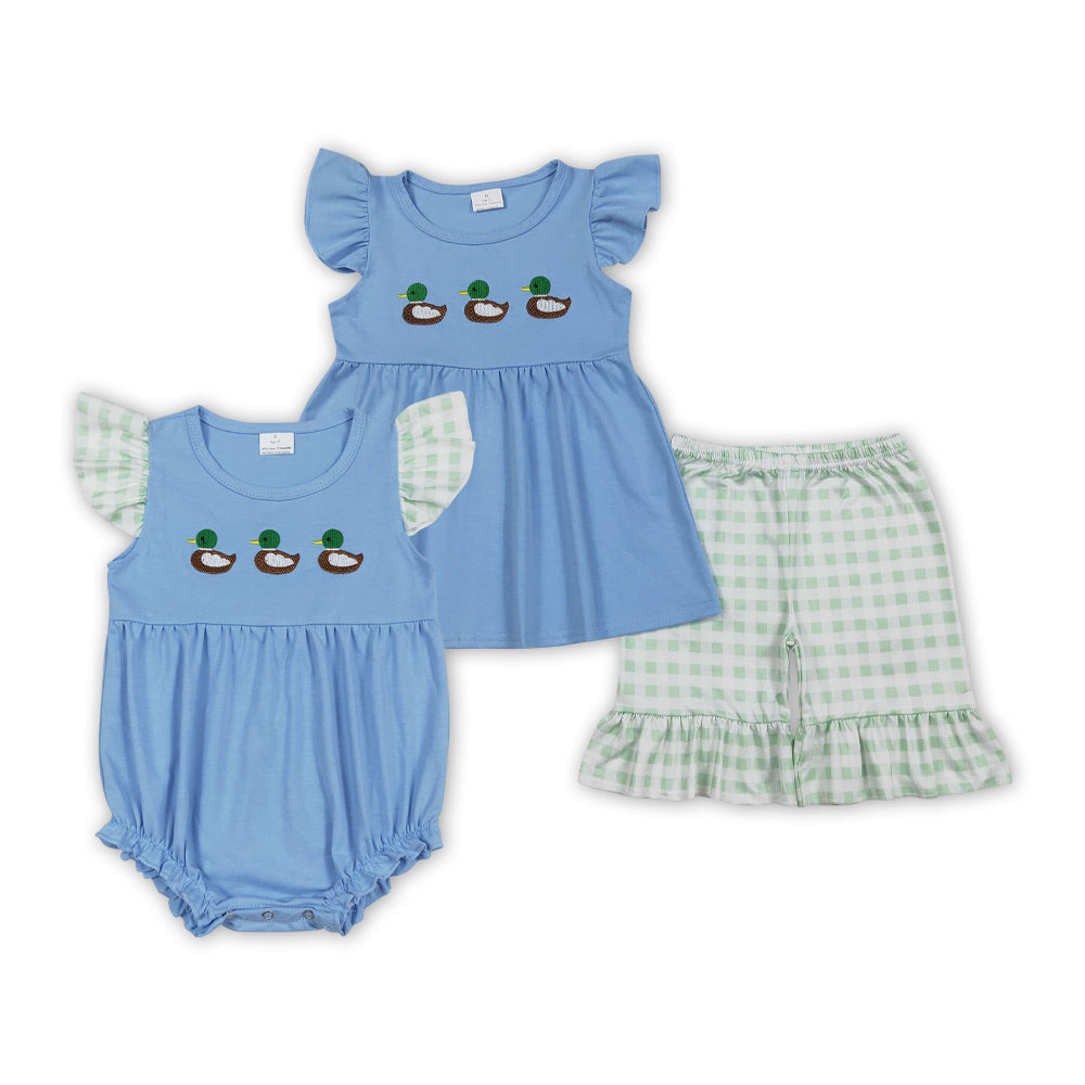 Duck Embroidery Blue Girls Summer Matching Clothes Sisters Wear