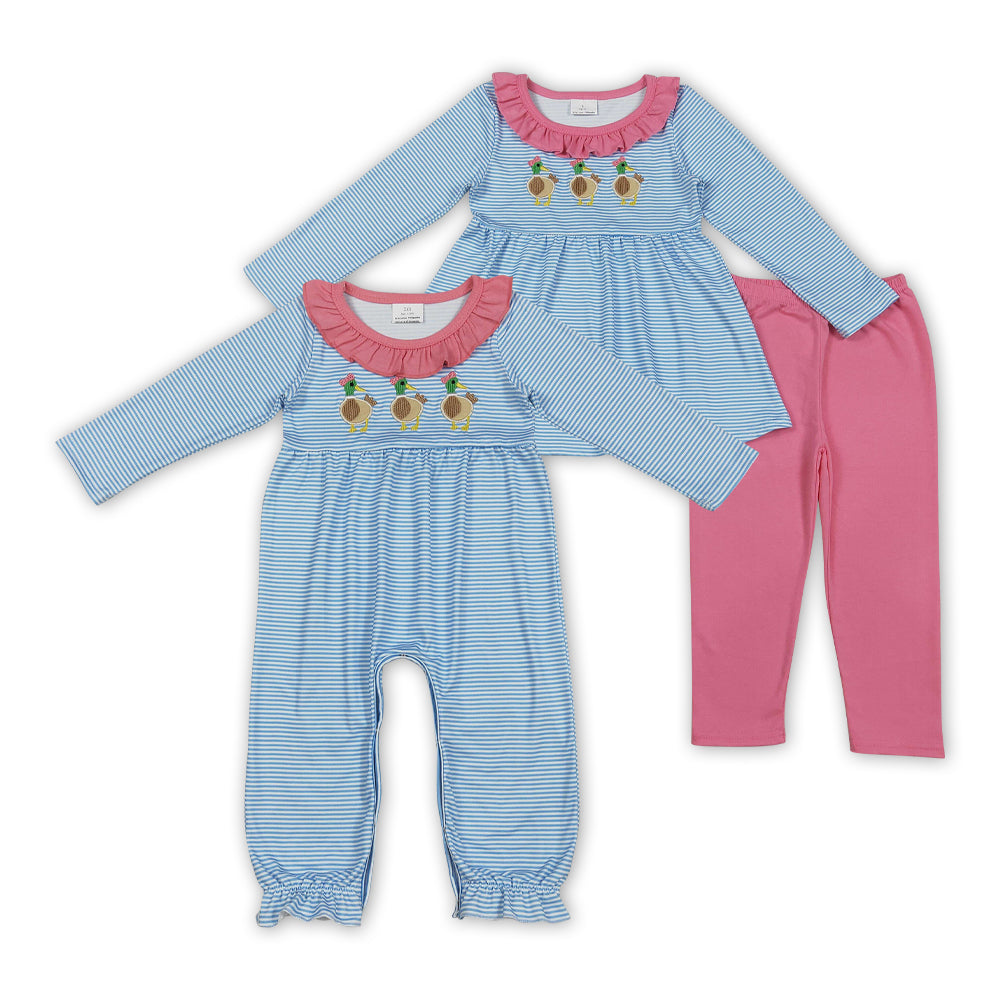 Duck Embroidery Blue Stripes Print Girls Matching Clothes Sisters Wear