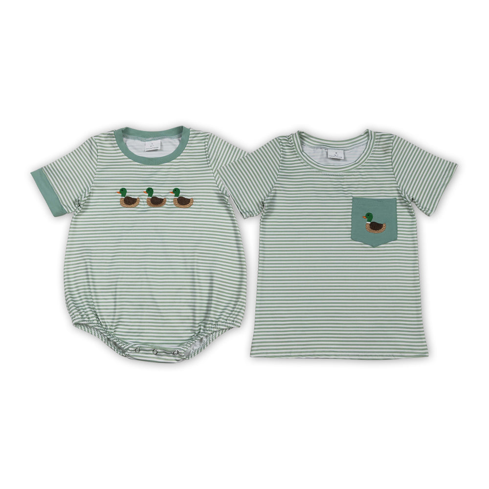 Duck Embroidery Green Stripes Print Boys Summer Matching Clothes Brothers Wear