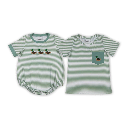 Duck Embroidery Green Stripes Print Boys Summer Matching Clothes Brothers Wear