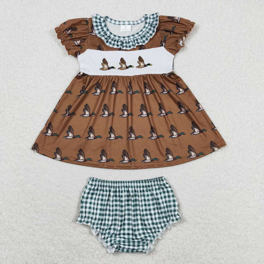 GBO0319 Duck Embroidery Brown Print Baby Girls Summer Bummie Set