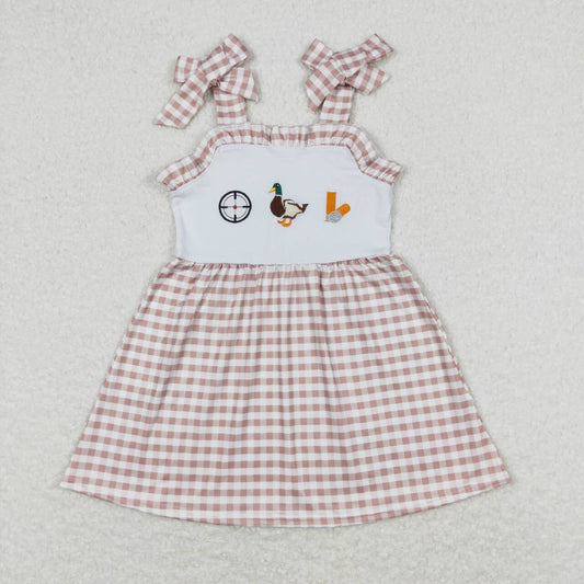GSD0817 Duck Embroidery Hunting Khaki Plaid Girls Summer Knee Length Dress