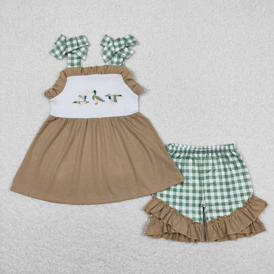 GSSO0653 Duck Embroidery Tunic Strap Top Green Plaid Shorts Girls Summer Clothes Set